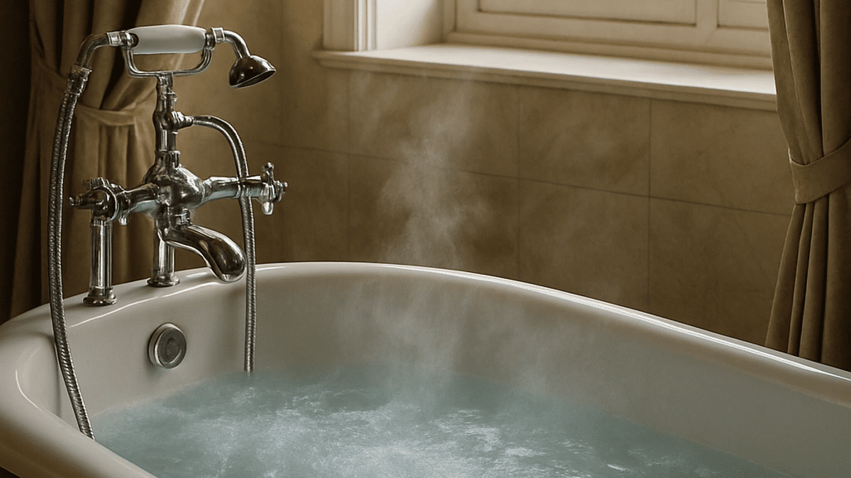 Luxury bathtub filled with steaming hot water, showcasing endless hot water benefits of tankless water heaters in Southington, CT.